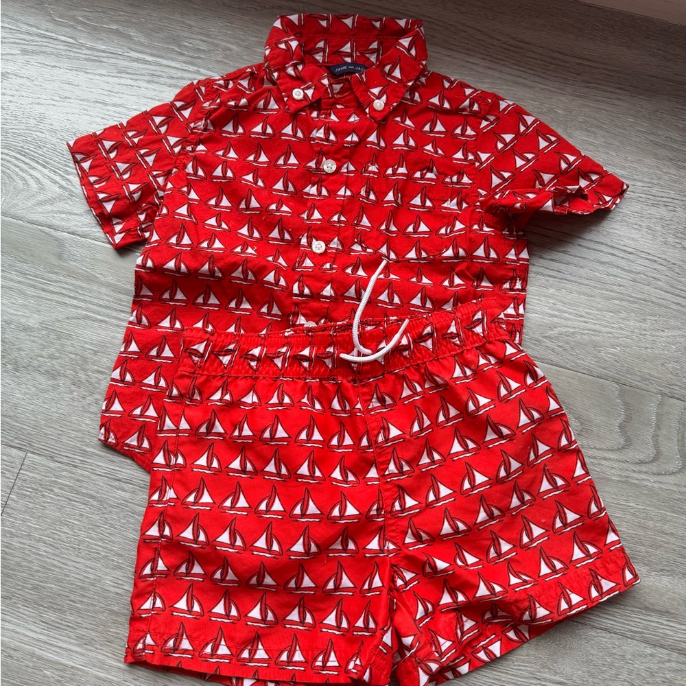 JANIE and JACK MATCHING SAILBOAT POPLIN SHIRT and SWIM SHORT